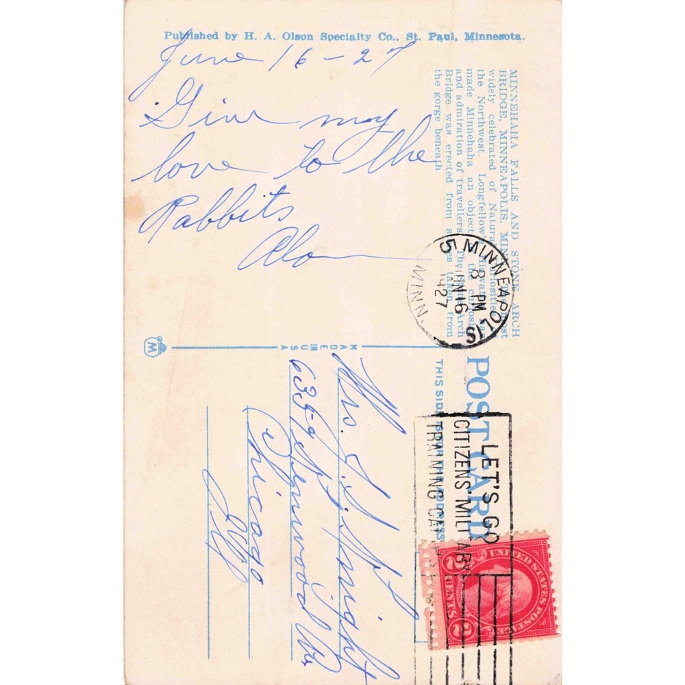 Vintage 1927 Minnehaha Falls Minneapolis Minnesota Postcard H.A. Olson 26496 - Picture 2 of 2